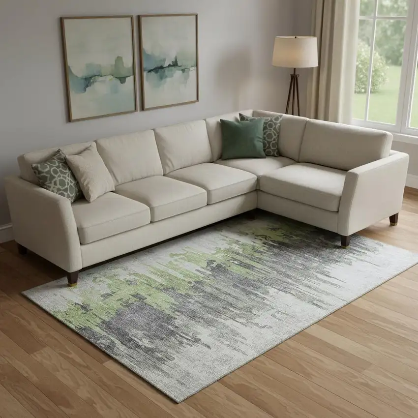 Green Gray And Ivory Abstract Washable Area Rug With UV Protection Photo 1