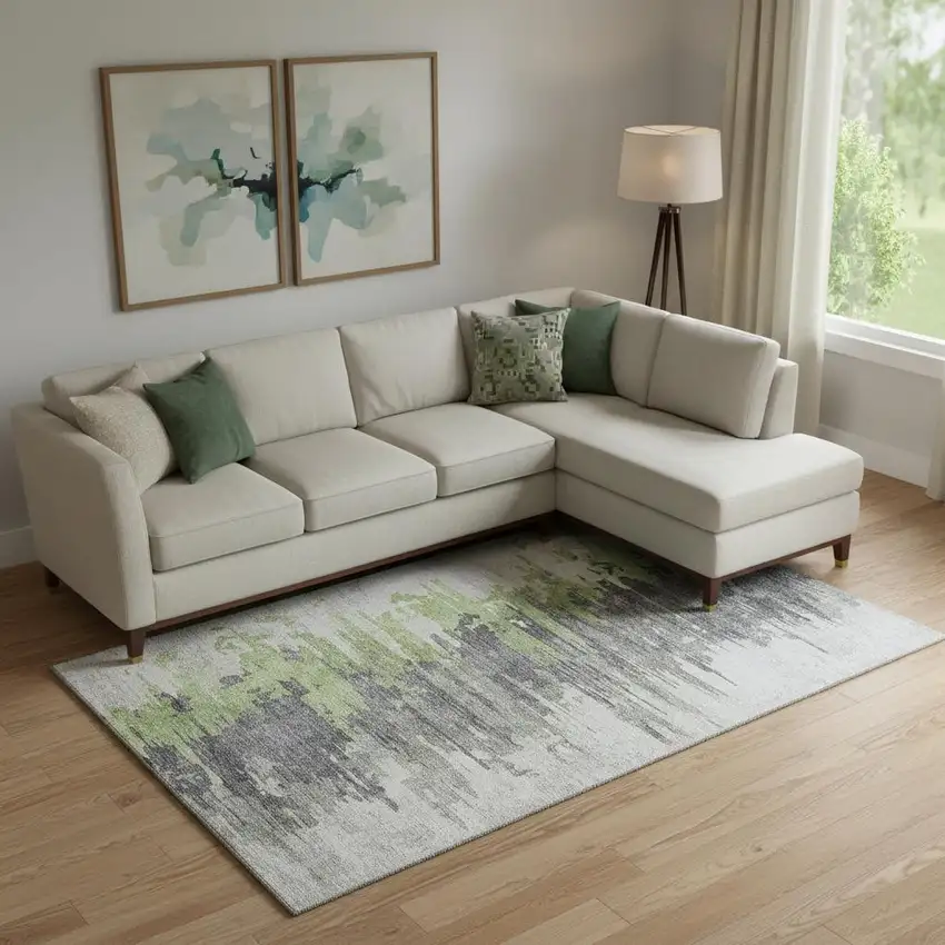Green Gray And Ivory Abstract Washable Area Rug With UV Protection Photo 1