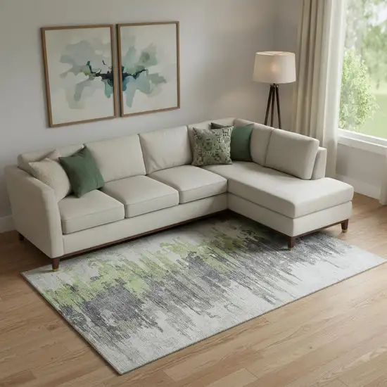 Green Gray And Ivory Abstract Washable Area Rug With UV Protection Photo 1