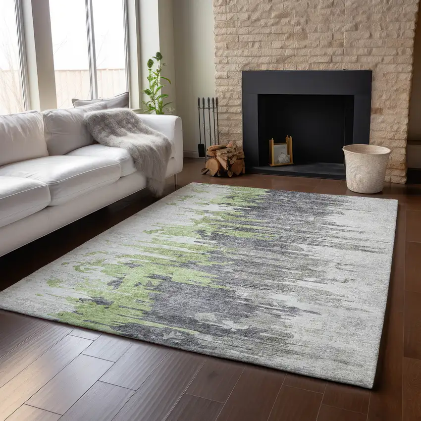 Green Gray And Ivory Abstract Washable Area Rug With UV Protection Photo 5
