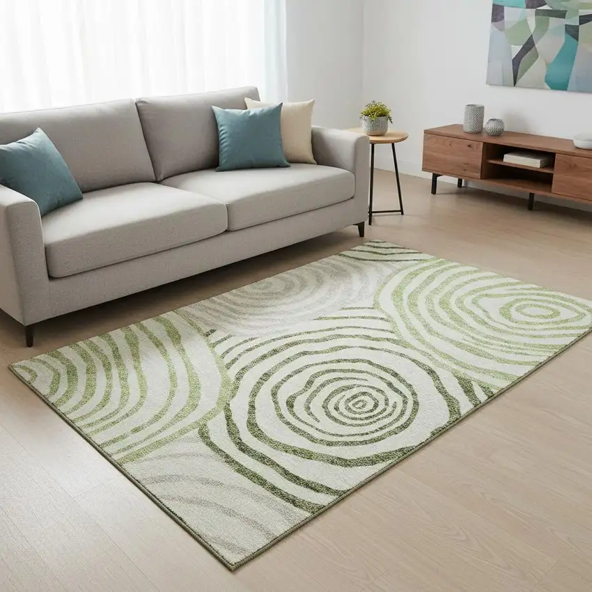 Green Gray And Ivory Abstract Washable Area Rug With UV Protection Photo 2