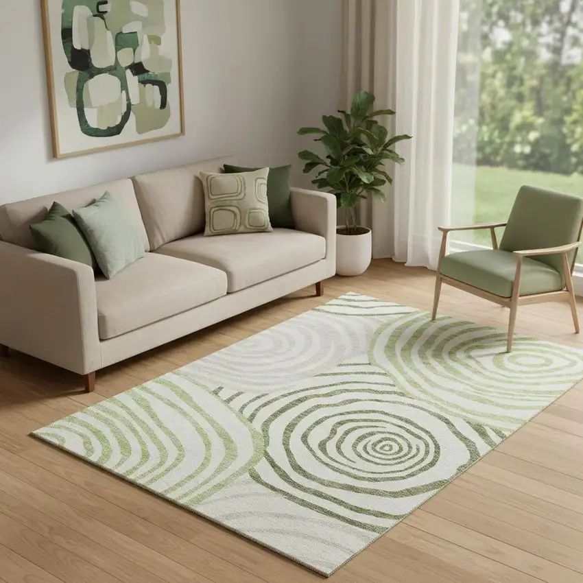 Green Gray And Ivory Abstract Washable Area Rug With UV Protection Photo 2