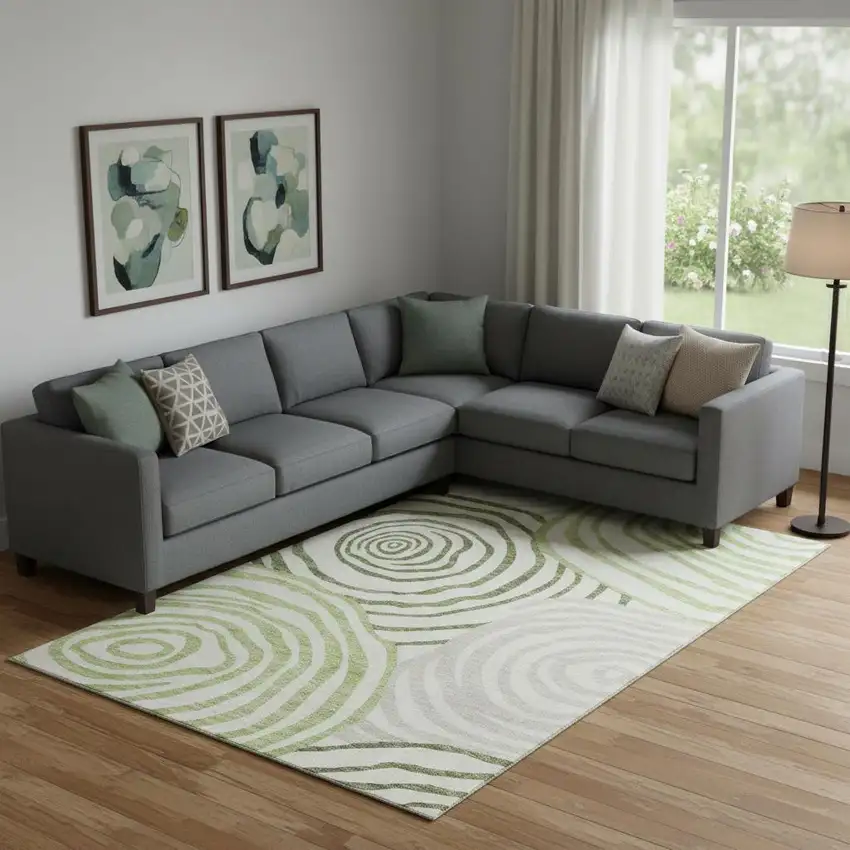 Green Gray And Ivory Abstract Washable Area Rug With UV Protection Photo 1