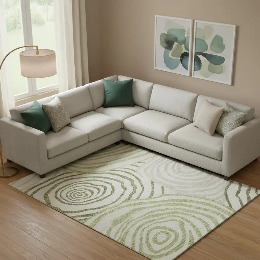 Green Gray And Ivory Abstract Washable Area Rug With UV Protection Photo 1