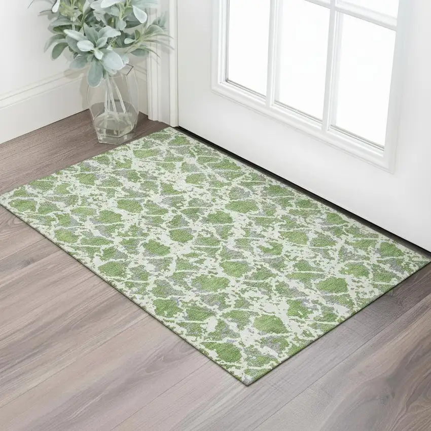 Green Gray And Ivory Abstract Washable Area Rug With UV Protection Photo 2