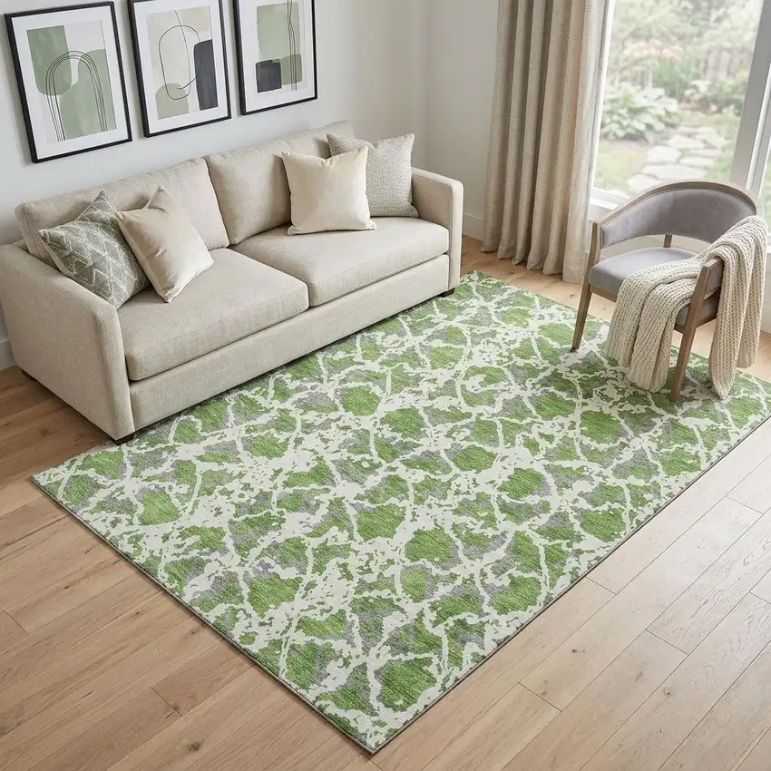 Green Gray And Ivory Abstract Washable Area Rug With UV Protection Photo 1