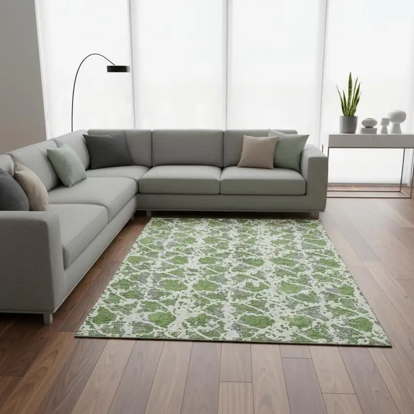 Green Gray And Ivory Abstract Washable Area Rug With UV Protection Photo 2