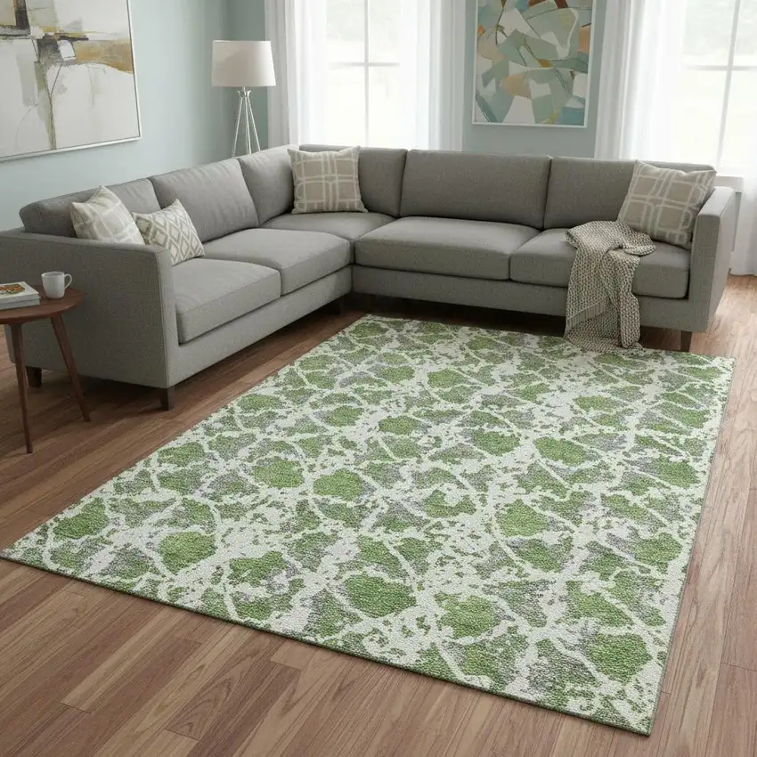 Green Gray And Ivory Abstract Washable Area Rug With UV Protection Photo 2