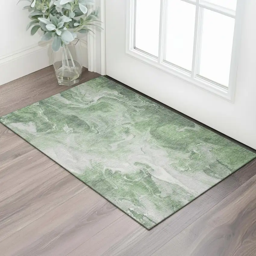 Green Gray And Ivory Abstract Washable Area Rug With UV Protection Photo 2