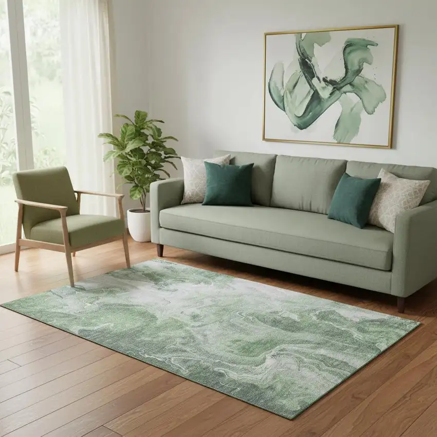 Green Gray And Ivory Abstract Washable Area Rug With UV Protection Photo 2