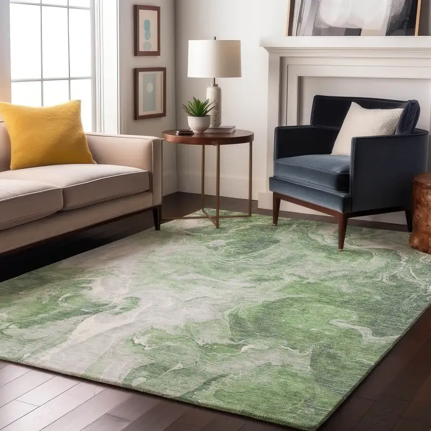 Green Gray And Ivory Abstract Washable Area Rug With UV Protection Photo 5