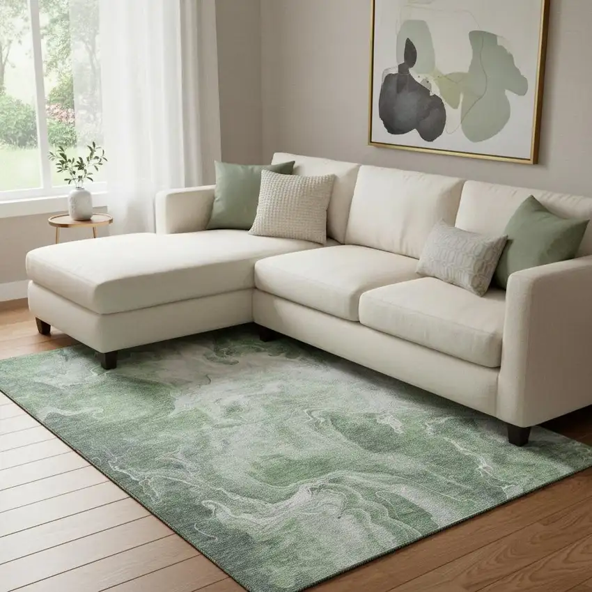 Green Gray And Ivory Abstract Washable Area Rug With UV Protection Photo 2
