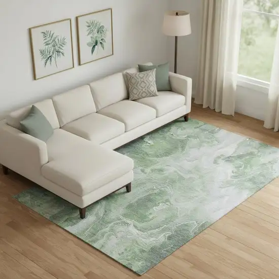 Green Gray And Ivory Abstract Washable Area Rug With UV Protection Photo 2