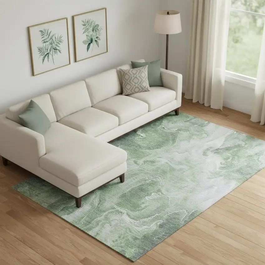 Green Gray And Ivory Abstract Washable Area Rug With UV Protection Photo 2