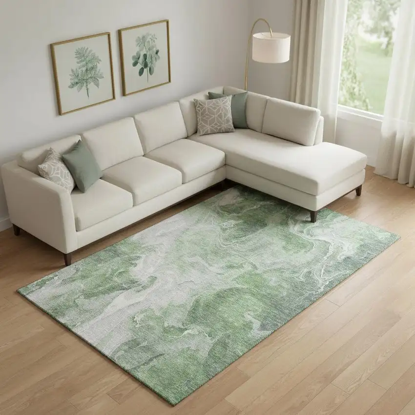 Green Gray And Ivory Abstract Washable Area Rug With UV Protection Photo 2