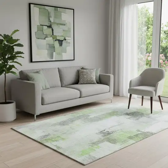 Green Gray And Ivory Abstract Washable Area Rug With UV Protection Photo 2