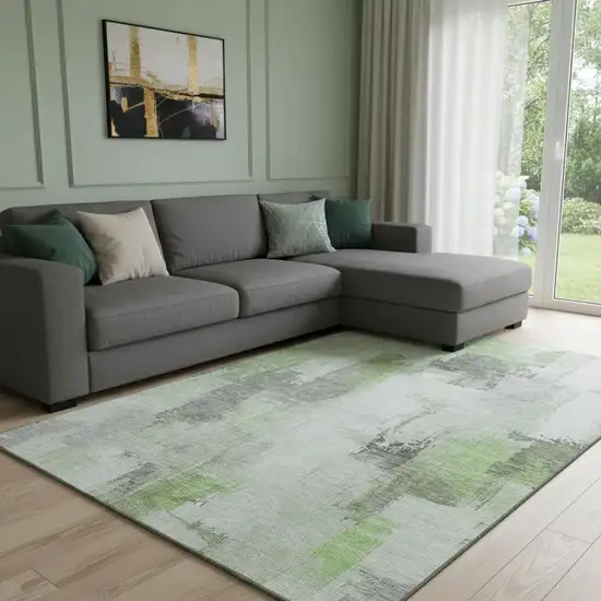 Green Gray And Ivory Abstract Washable Area Rug With UV Protection Photo 2