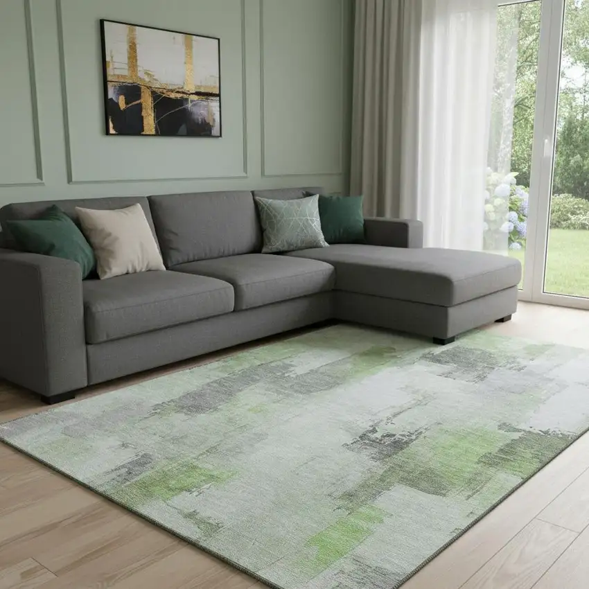 Green Gray And Ivory Abstract Washable Area Rug With UV Protection Photo 2