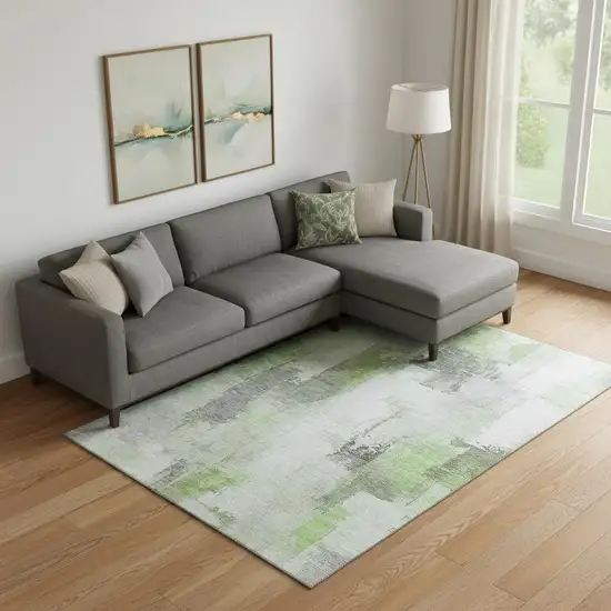 Green Gray And Ivory Abstract Washable Area Rug With UV Protection Photo 2