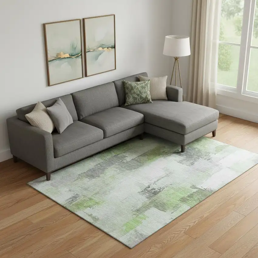 Green Gray And Ivory Abstract Washable Area Rug With UV Protection Photo 2