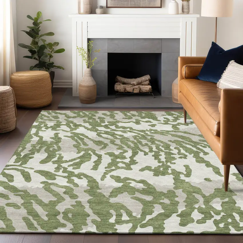 Green Gray And Ivory Animal Print Washable Indoor Outdoor Area Rug Photo 9