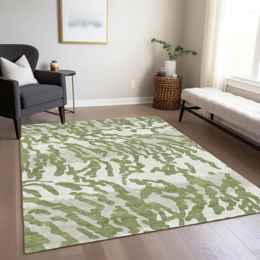 Green Gray And Ivory Animal Print Washable Indoor Outdoor Area Rug Photo 9