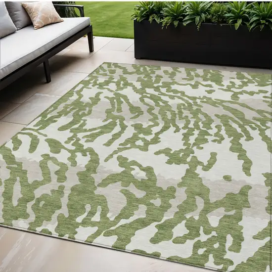 Green Gray And Ivory Animal Print Washable Indoor Outdoor Area Rug Photo 1