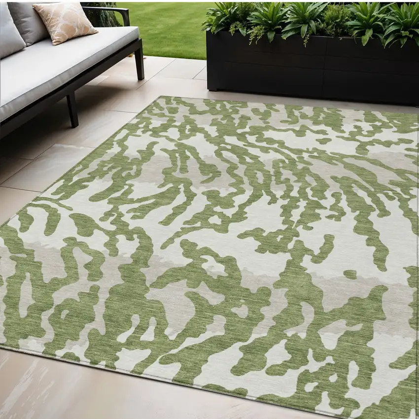 Green Gray And Ivory Animal Print Washable Indoor Outdoor Area Rug Photo 1