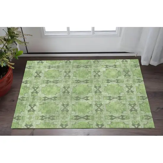 Green Gray And Ivory Floral Medallion Washable Area Rug With UV Protection Photo 2