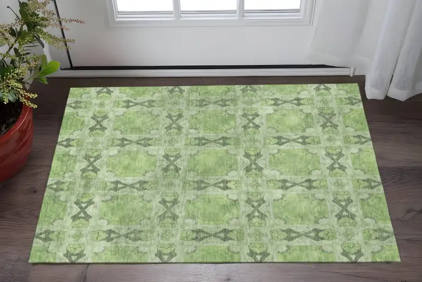 Green Gray And Ivory Floral Medallion Washable Area Rug With UV Protection Photo 2