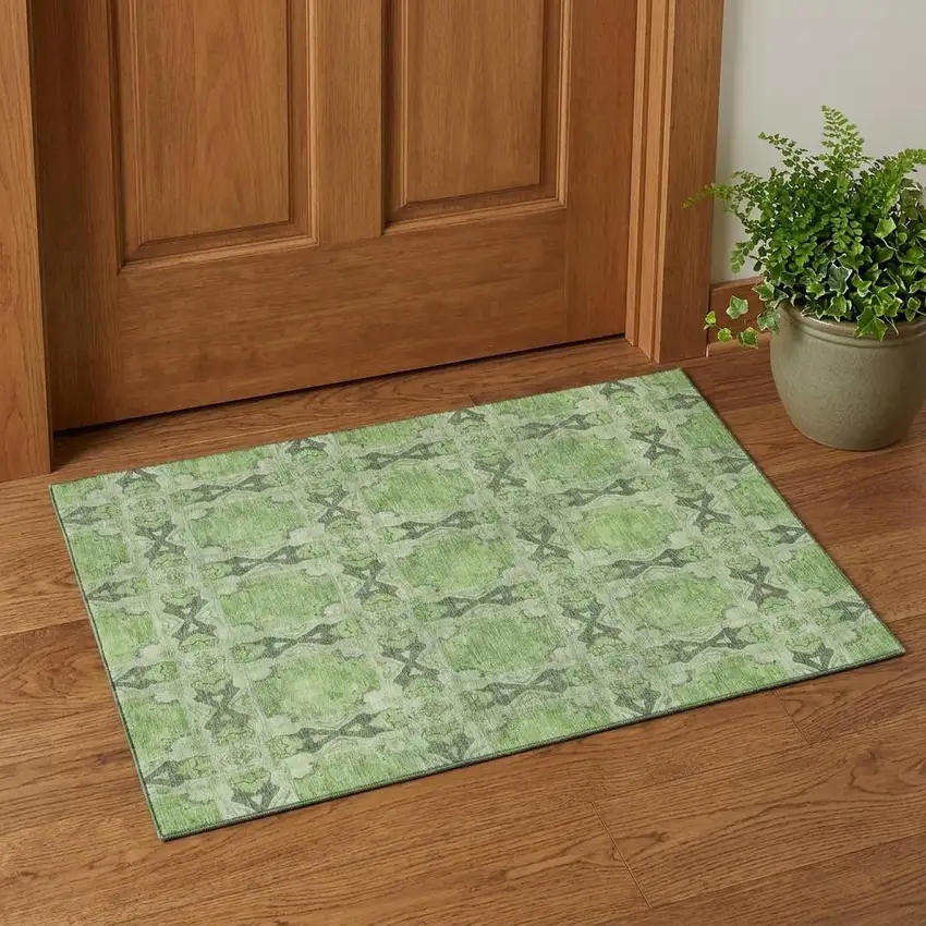 Green Gray And Ivory Floral Medallion Washable Area Rug With UV Protection Photo 1