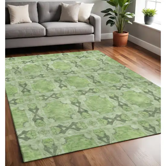 Green Gray And Ivory Floral Medallion Washable Area Rug With UV Protection Photo 2