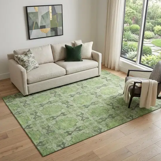 Green Gray And Ivory Floral Medallion Washable Area Rug With UV Protection Photo 1