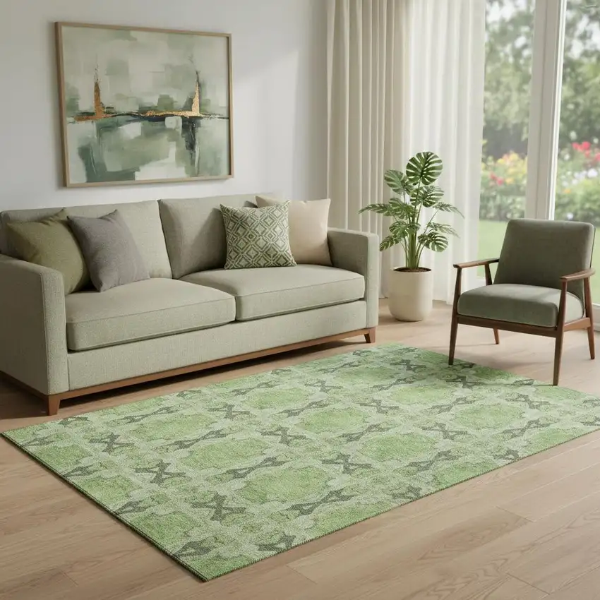 Green Gray And Ivory Floral Medallion Washable Area Rug With UV Protection Photo 1