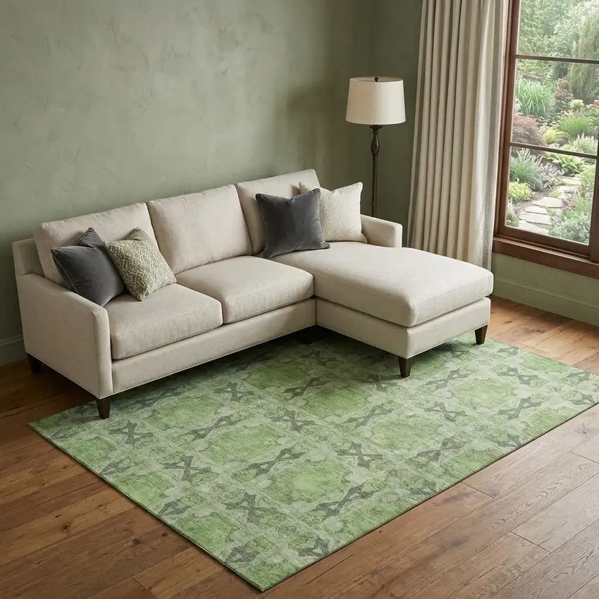 Green Gray And Ivory Floral Medallion Washable Area Rug With UV Protection Photo 1
