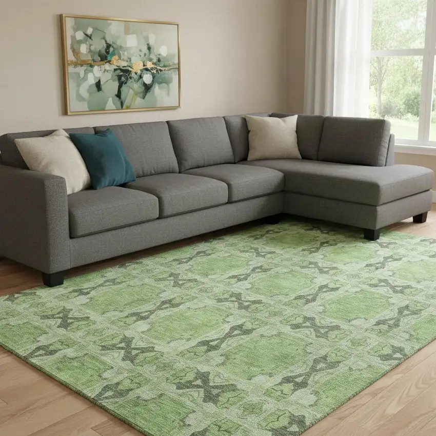 Green Gray And Ivory Floral Medallion Washable Area Rug With UV Protection Photo 1