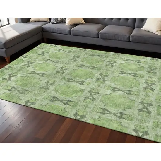 Green Gray And Ivory Floral Medallion Washable Area Rug With UV Protection Photo 2