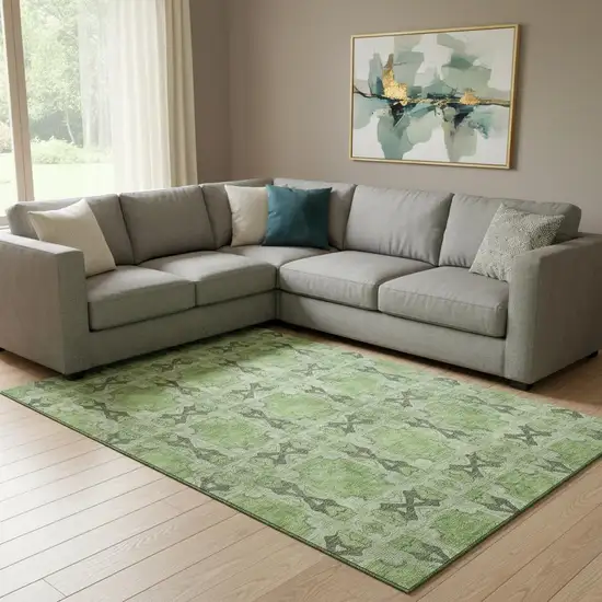 Green Gray And Ivory Floral Medallion Washable Area Rug With UV Protection Photo 1