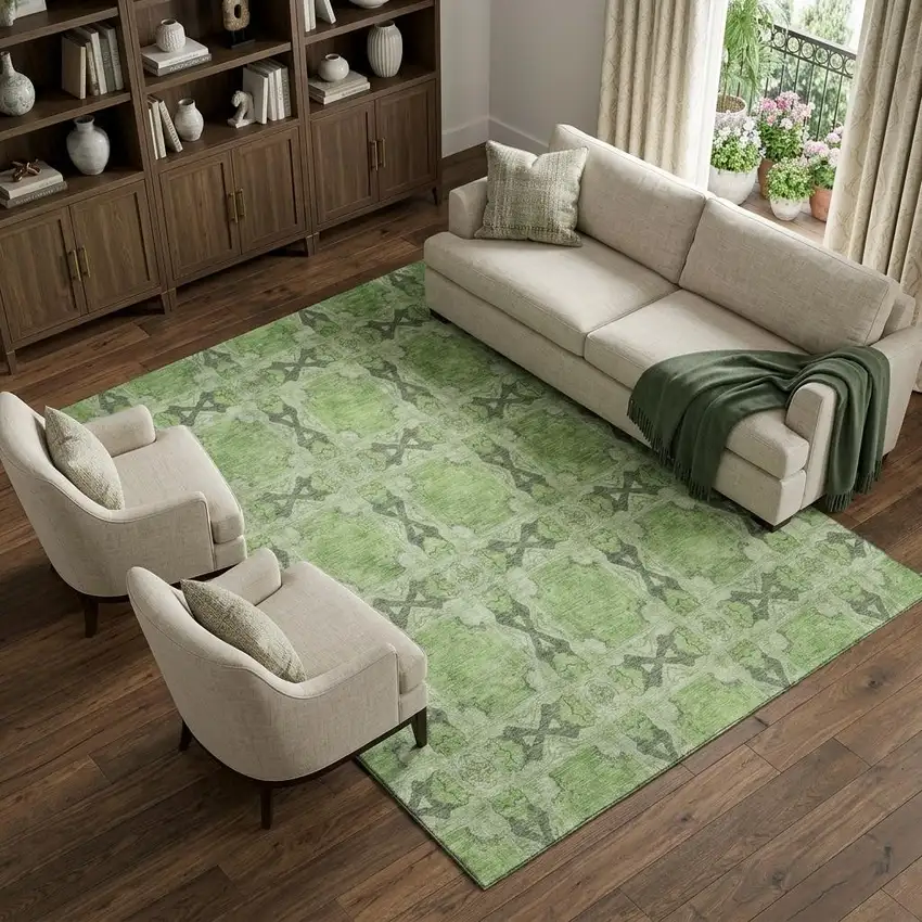 Green Gray And Ivory Floral Medallion Washable Area Rug With UV Protection Photo 1