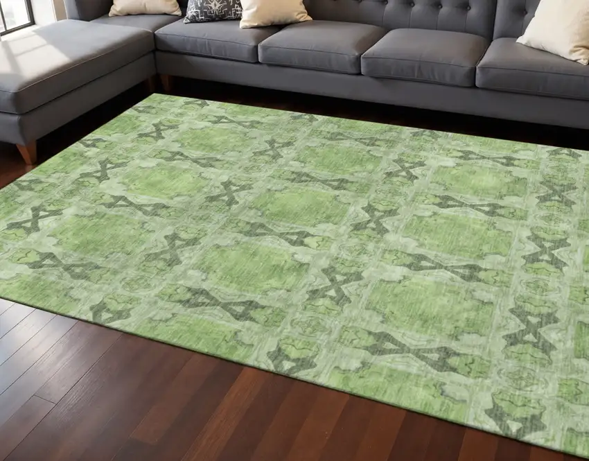 Green Gray And Ivory Floral Medallion Washable Area Rug With UV Protection Photo 2