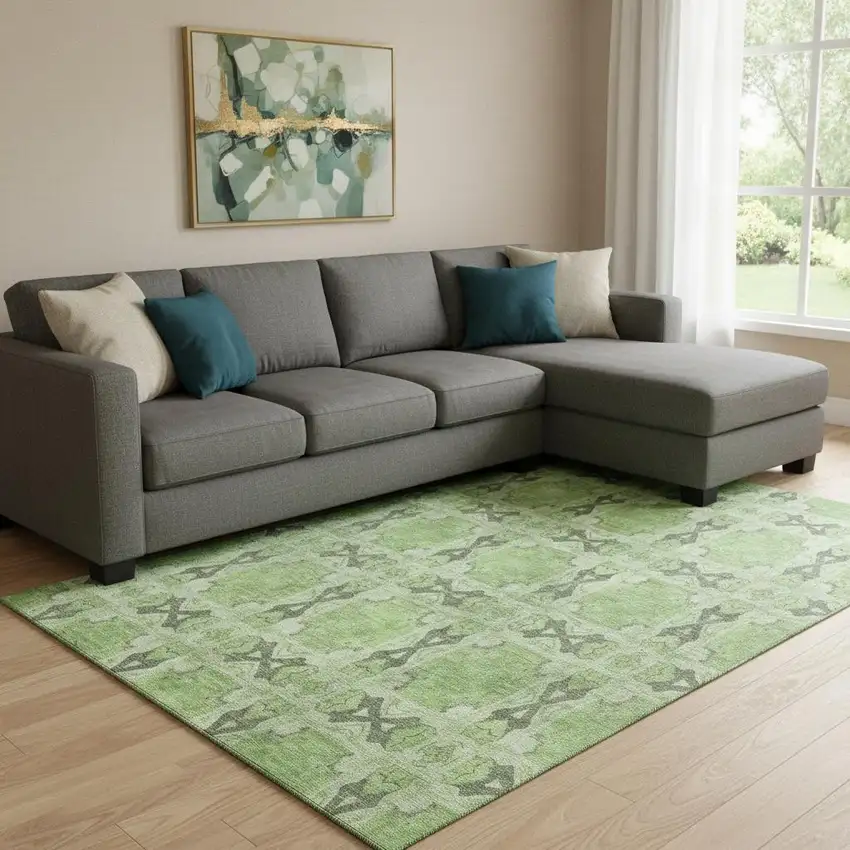 Green Gray And Ivory Floral Medallion Washable Area Rug With UV Protection Photo 1