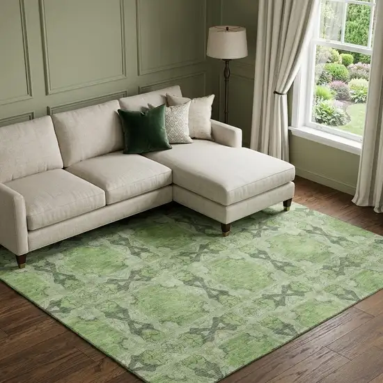 Green Gray And Ivory Floral Medallion Washable Area Rug With UV Protection Photo 1