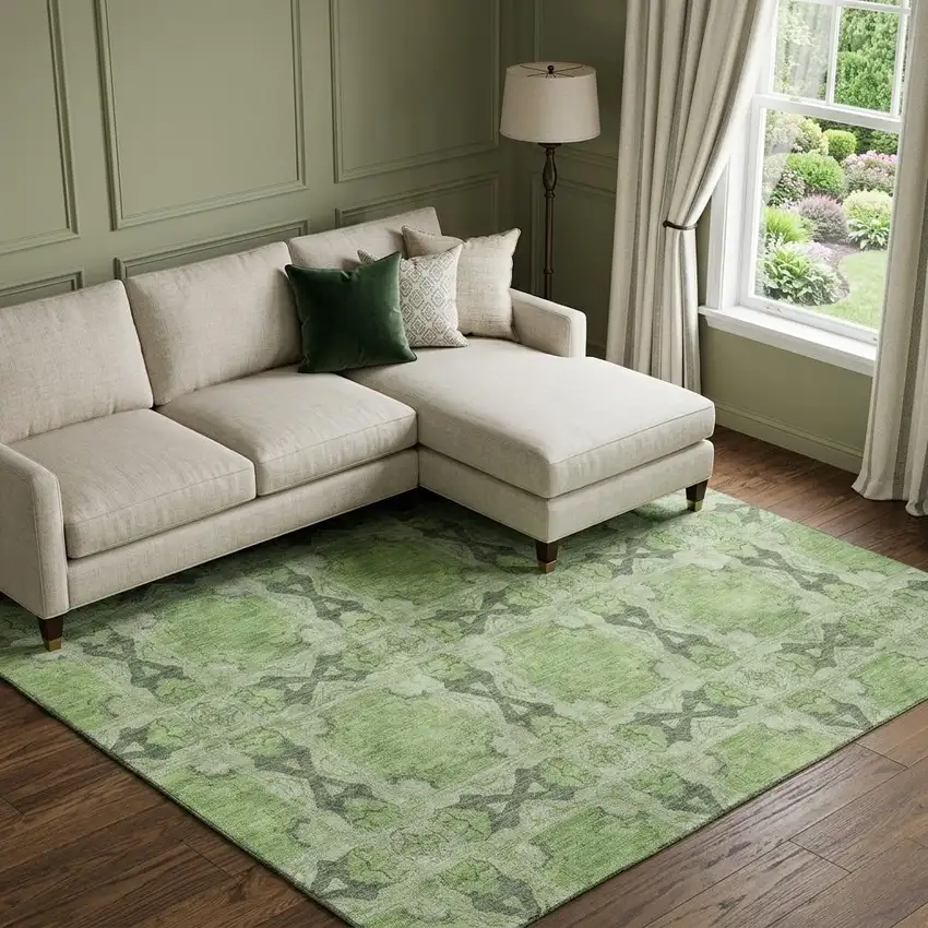 Green Gray And Ivory Floral Medallion Washable Area Rug With UV Protection Photo 1