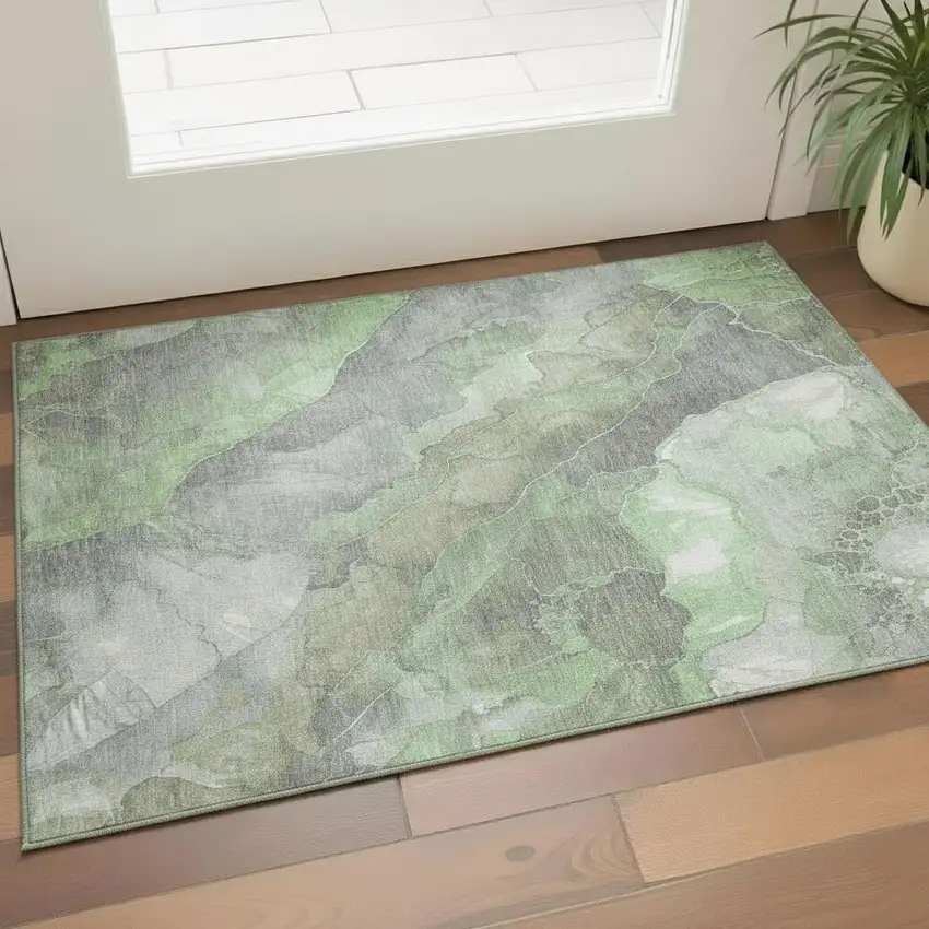 Green Gray And Ivory Floral Washable Area Rug With UV Protection Photo 2