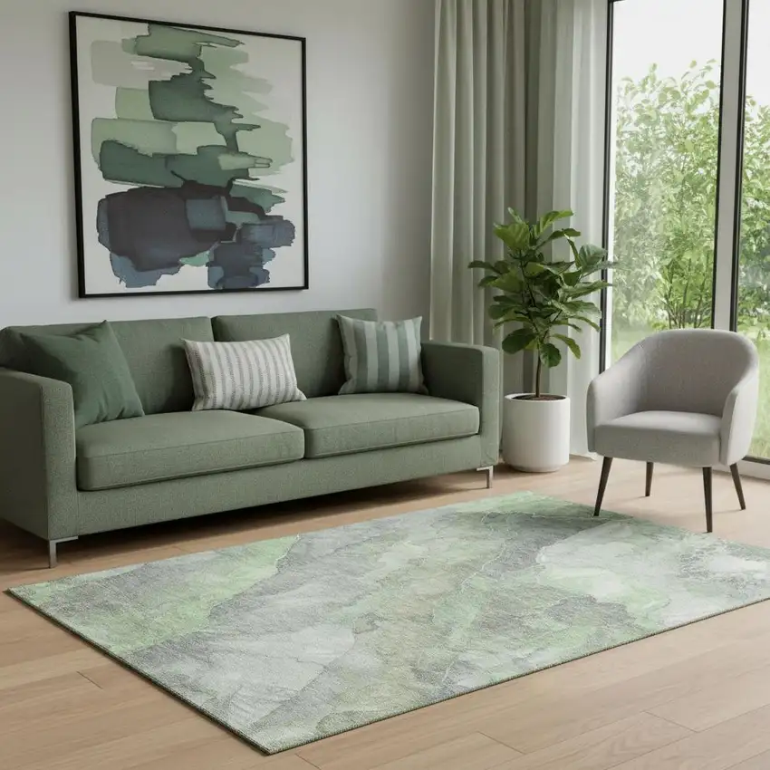 Green Gray And Ivory Floral Washable Area Rug With UV Protection Photo 1