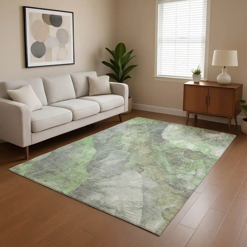 Green Gray And Ivory Floral Washable Area Rug With UV Protection Photo 4