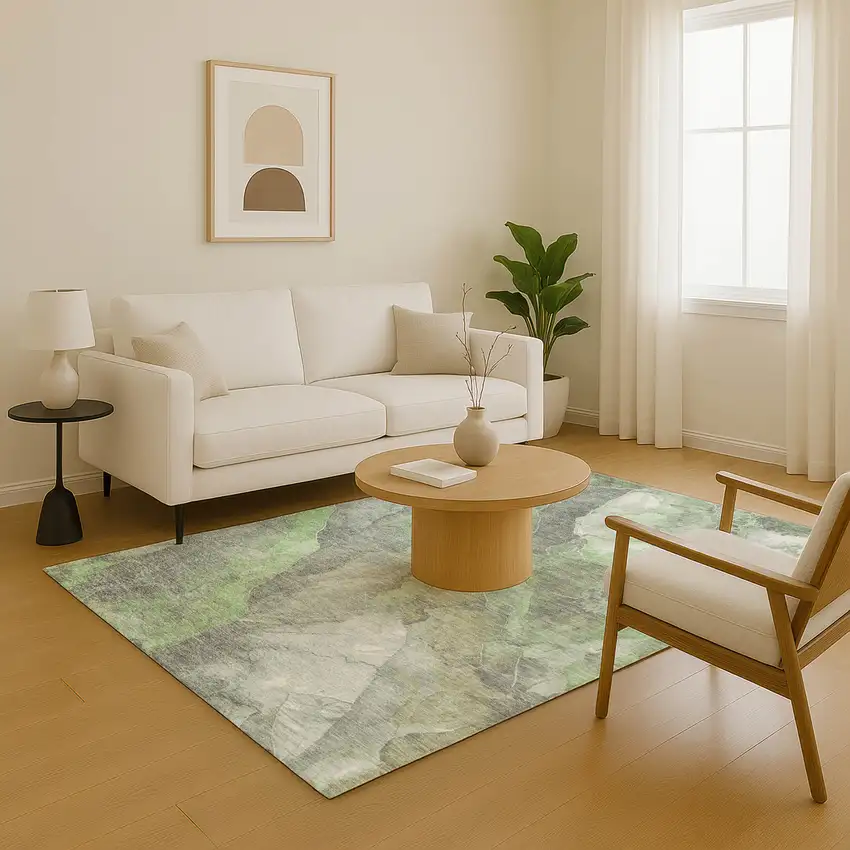 Green Gray And Ivory Floral Washable Area Rug With UV Protection Photo 5