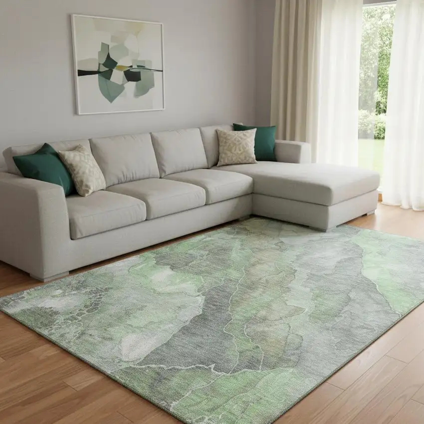 Green Gray And Ivory Floral Washable Area Rug With UV Protection Photo 2