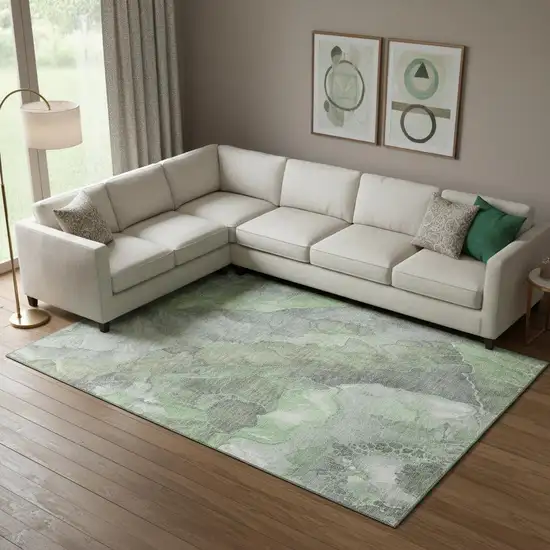 Green Gray And Ivory Floral Washable Area Rug With UV Protection Photo 2