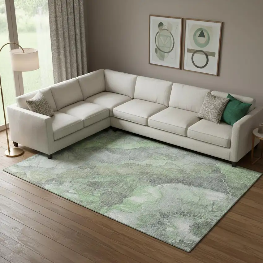 Green Gray And Ivory Floral Washable Area Rug With UV Protection Photo 2